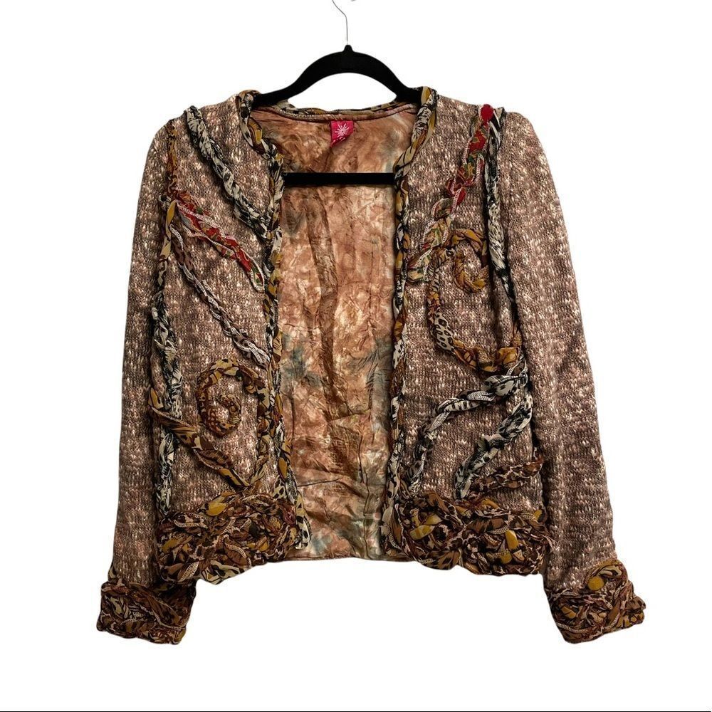 SANDY STARKMAN Open Front Embellished Print Knit Cardigan Blazer Jacket S